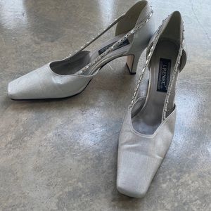 VINTAGE “J. Renne” Silver Fabric Bejeweled Strap Heeled Pumps